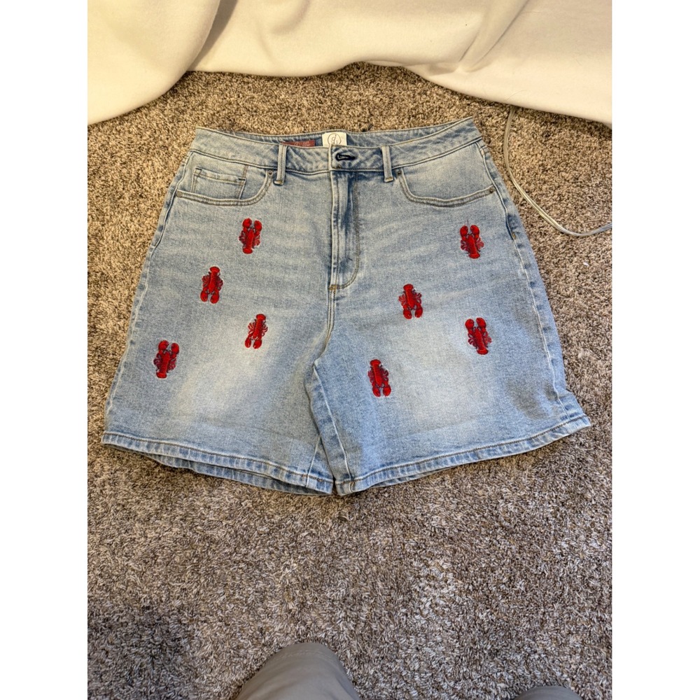 Draper James Ava Cuff Denim Shorts Womens 12 Lobster Embroidered Light Wash
